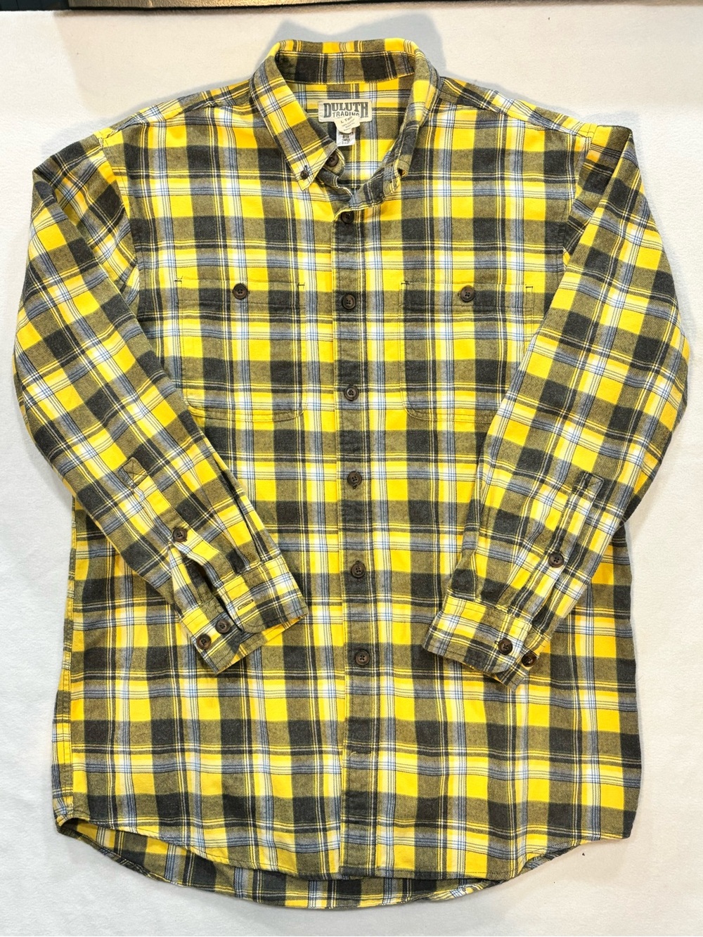 Duluth Trading Co Men’s Large Long Flannel Shirt Yellow Plaid Button Down